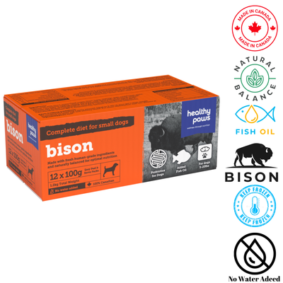 Healthy Paws bison dog food small breed in a 12 pack with natural ingredients and no water added