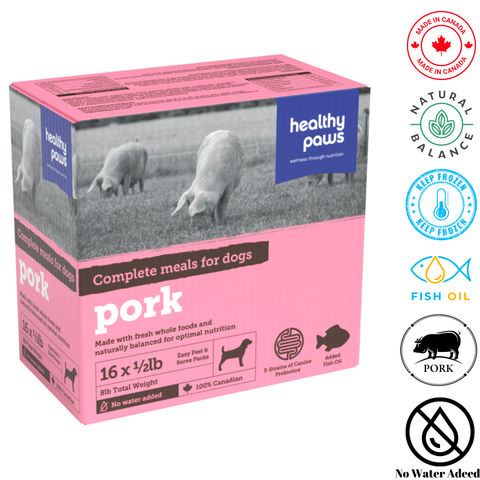 Healthy Paws canine complete dinner pork raw dog food pack with natural ingredients and added fish oil