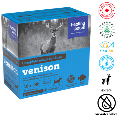 Healthy Paws canine dinner venison complete raw dog food with fresh whole foods and fish oil