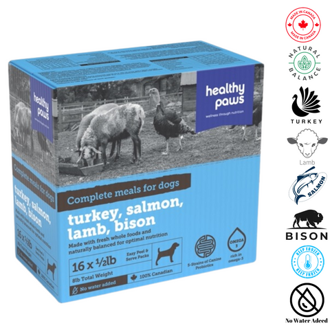 Healthy Paws canine variety pack with turkey salmon lamb and bison raw dog food meals