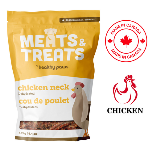 Healthy Paws dehydrated chicken neck dog treats 125 gram package made in Canada