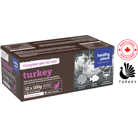 Healthy Paws feline complete turkey meal cat raw food 12 pack with probiotics and added fish oil