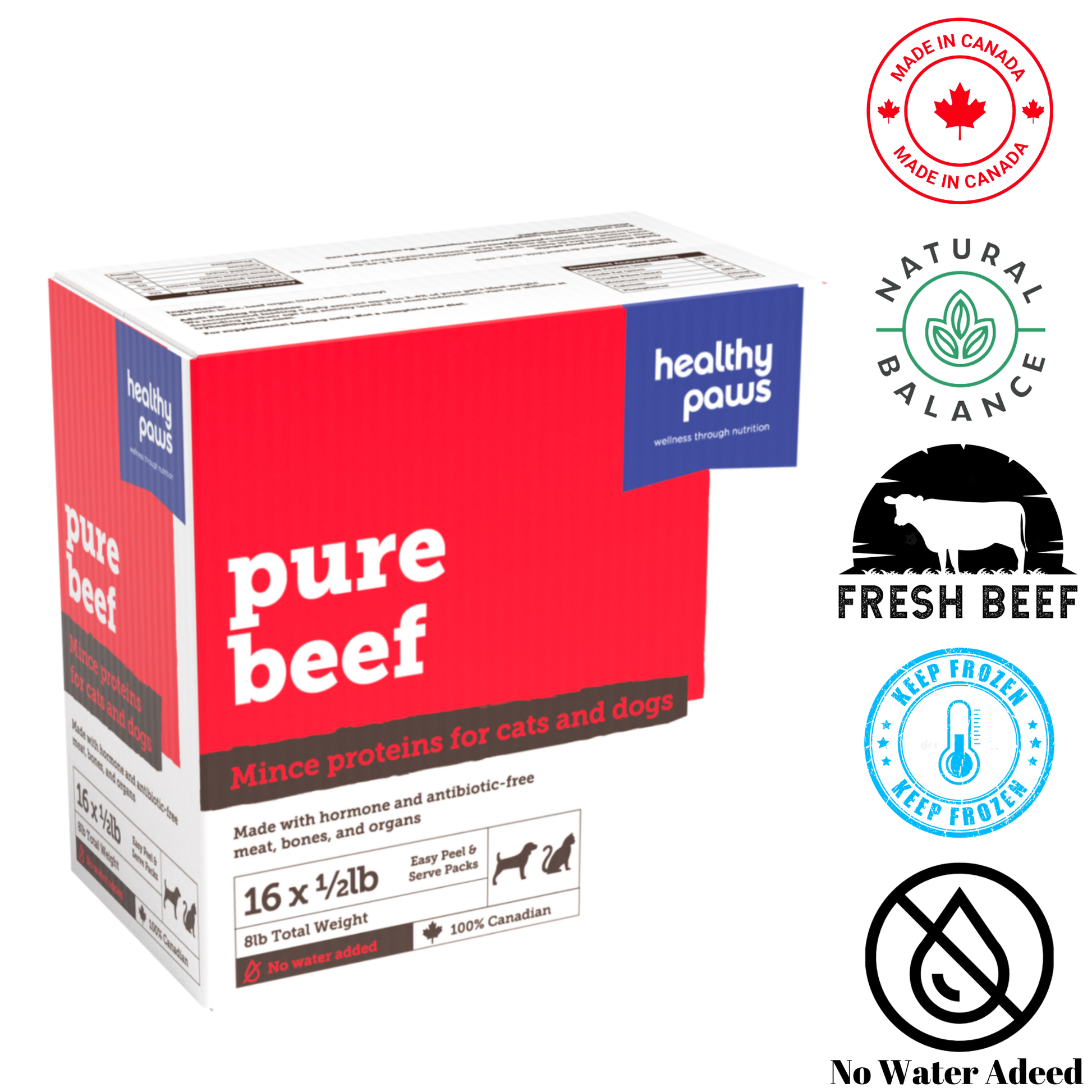 Healthy Paws Pure Beef Pet Food for Cats and Dogs, 8lb pack of hormone and antibiotic-free minced proteins
