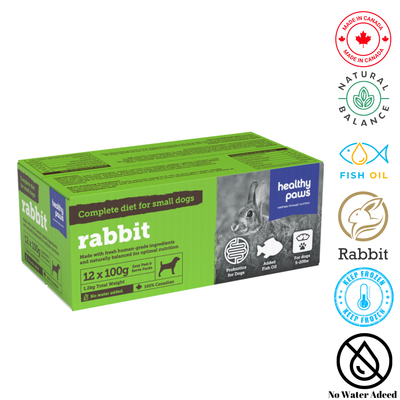Healthy Paws Rabbit Dog Food for small breeds in a pack of 12, made with fresh rabbit meat.