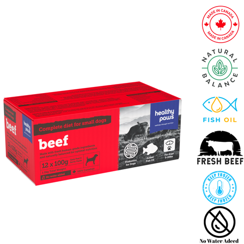 Healthy Paws small dog beef dinner box containing 12 portions of nutritious beef for small dogs
