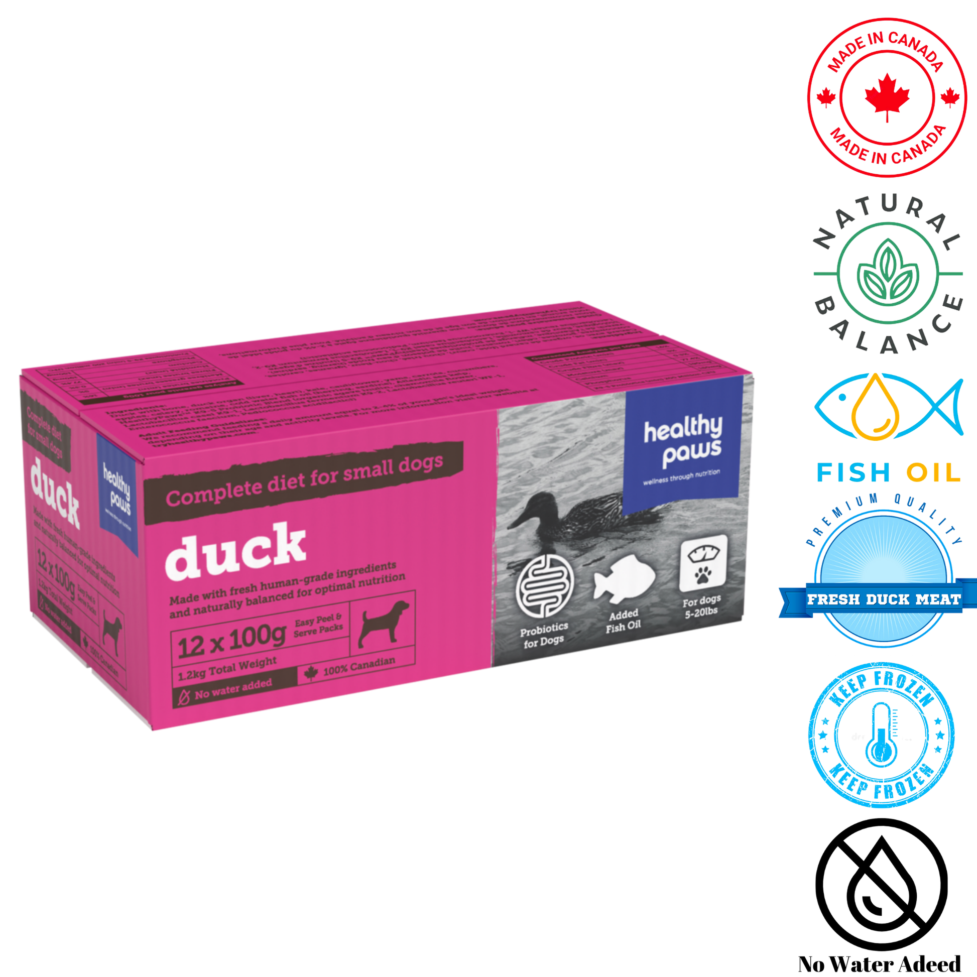 Healthy Paws small dog duck dinner raw food with fresh duck meat and fish oil for small dogs