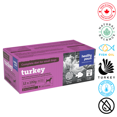 Healthy Paws small dog turkey dinner in a pack of 12 with natural ingredients for nutritious meals