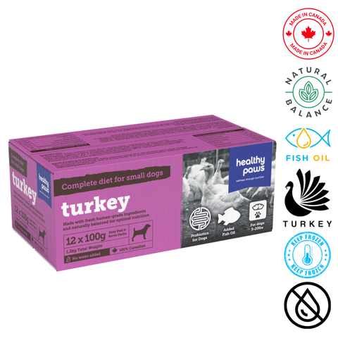 Healthy Paws small dog turkey dinner in a pack of 12 with natural ingredients for nutritious meals
