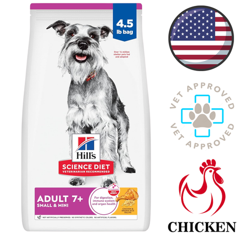 Hills Science Diet Adult 7 plus Small and Mini chicken 4.5 lb bag healthy barley and brown rice dog food