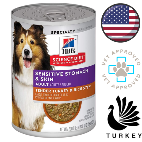 Hill's Science Diet turkey stew dog food North York can of Sensitive Stomach and Skin tender turkey rice stew