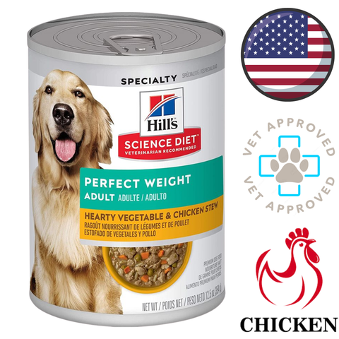 Hills Science Diet Perfect Weight canned dog wet food chicken stew label with golden retriever and diet dog food for picky eaters