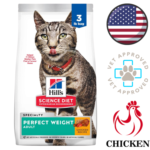 Hills Science Diet Perfect Weight 3 lb chicken recipe bag with tabby cat image healthy weight cat food for adults