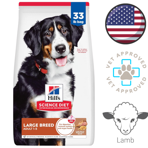 Hills Science Diet large breed 33 pound bag lamb and brown rice dry dog food with smiling dog