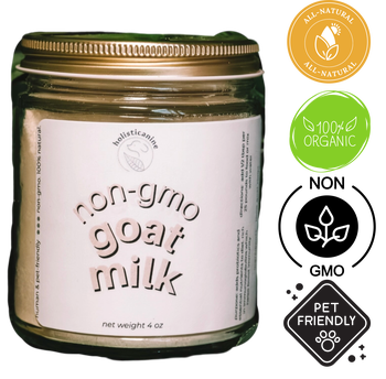 Holisticanine non-gmo goat milk supplement jar for pet health and wellness with organic and all-natural labels