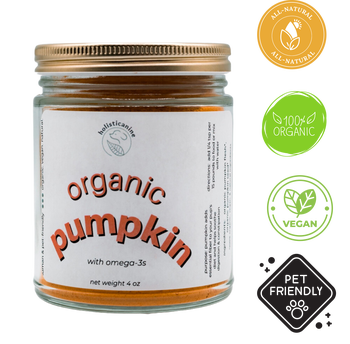 Holisticanine organic pumpkin supplement for pets in a clear jar with all-natural, organic, vegan, and pet-friendly labels