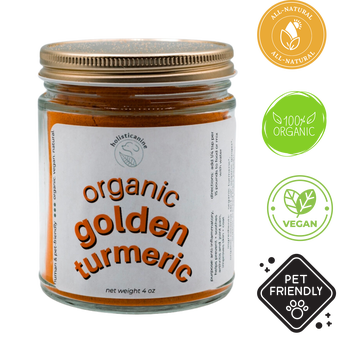 Holisticanine organic turmeric supplement for pets in glass jar with all natural vegan and organic labels