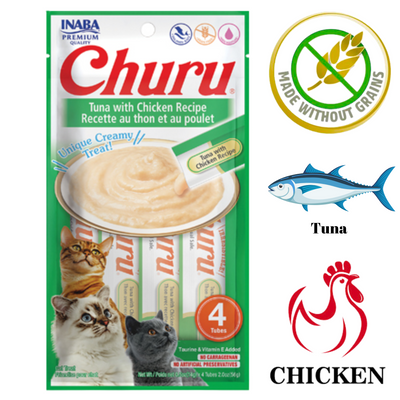 Inaba Churu creamy tuna with chicken cat treat pack 4 tubes made without grains best cat treats for picky eaters