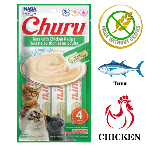 Inaba Churu creamy tuna with chicken cat treat pack 4 tubes made without grains best cat treats for picky eaters