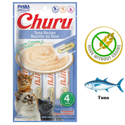 Inaba Churu tuna recipe creamy four pack with cats and tuna illustrations high moisture tuna cat treat tubes