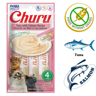 Inaba Churu tuna with salmon creamy 4 tube pack with cat photos soft lickable cat treats