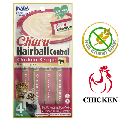 Inaba Churu Hairball Control chicken recipe 4 tube pack with made without grains badge grain free cat treats for hairballs