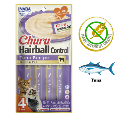 Inaba Churu Hairball Control Tuna Recipe 4 tube pack grain free hairball remedy for cats