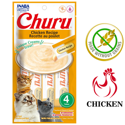 Inaba Churu chicken recipe 4 tube pack with three cats, grain free badge, high quality chicken cat snacks