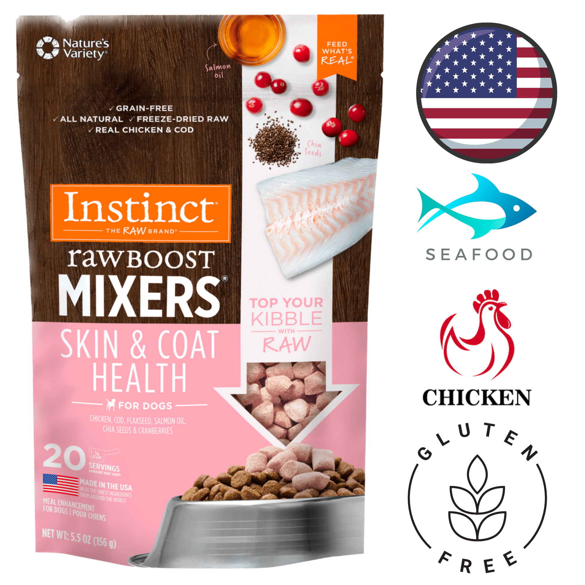 Instinct Raw Boost skin and coat dog topper featuring freeze-dried raw ingredients for optimal pet nutrition