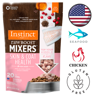 Instinct Raw Boost skin and coat dog topper featuring freeze-dried raw ingredients for optimal pet nutrition