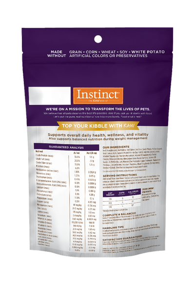 Instinct Raw senior cat multivitamin topper dehydrated freeze dried cat food package back view with nutritional information