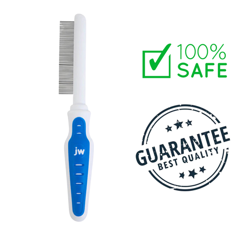 JW pet flea comb with blue handle for effective dog grooming and safe flea removal