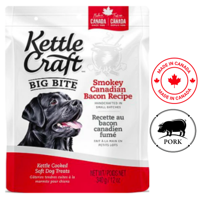 Kettle Craft bacon dog treats package featuring smokey Canadian bacon recipe soft dog treats