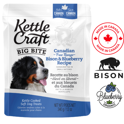 Kettle Craft Bison and Blueberry Dog Treats in a resealable bag, made in Canada, healthy and delicious