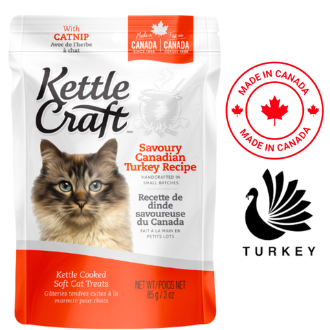Kettle Craft turkey cat treats package with catnip featuring Savoury Canadian Turkey Recipe 85g pouch