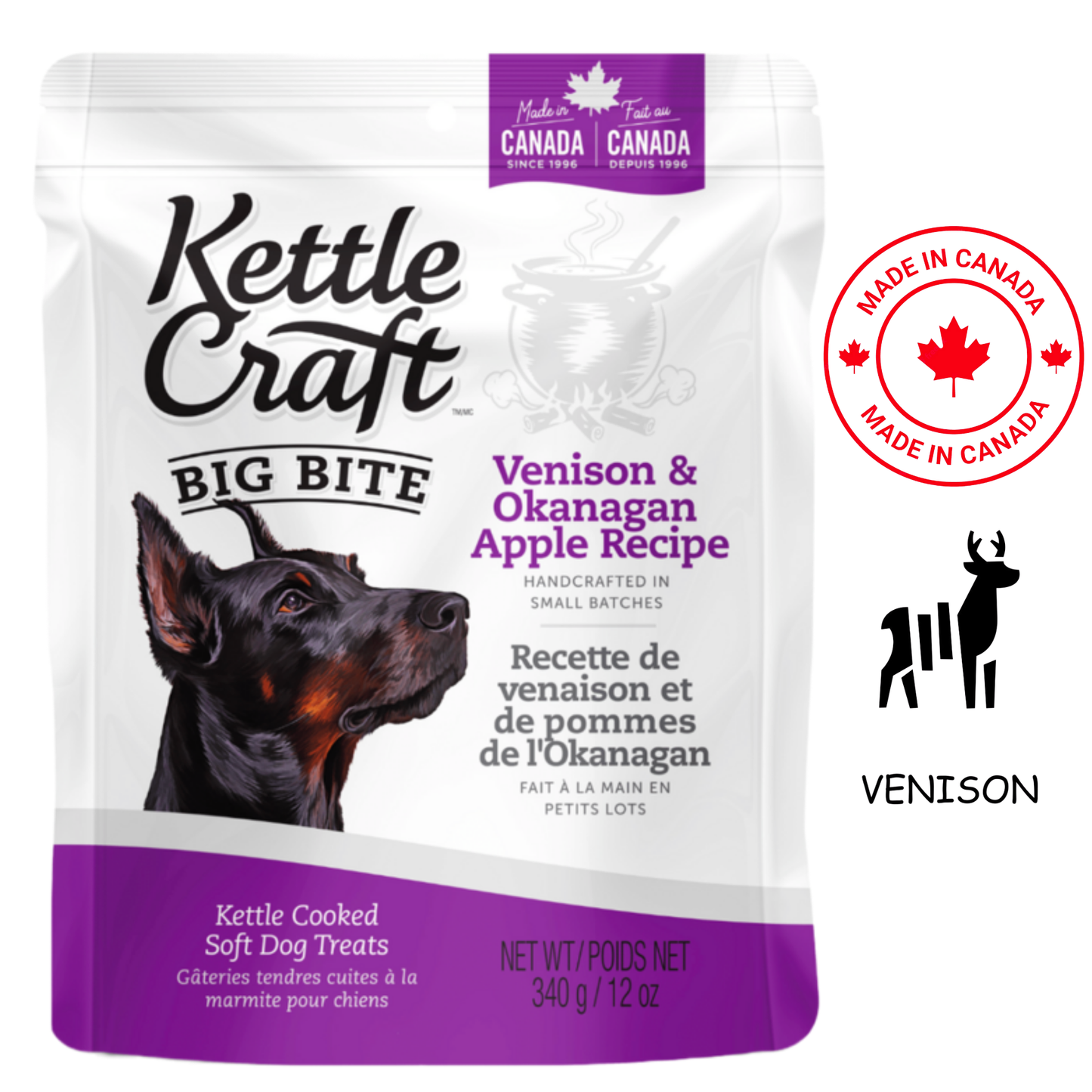 Kettle Craft venison apple dog treats soft cooked venison and Okanagan apple recipe in 12 oz bag