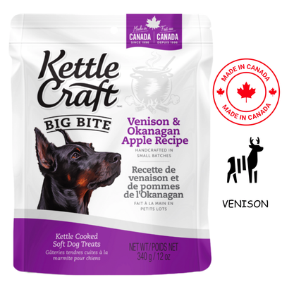 Kettle Craft venison apple dog treats soft cooked venison and Okanagan apple recipe in 12 oz bag