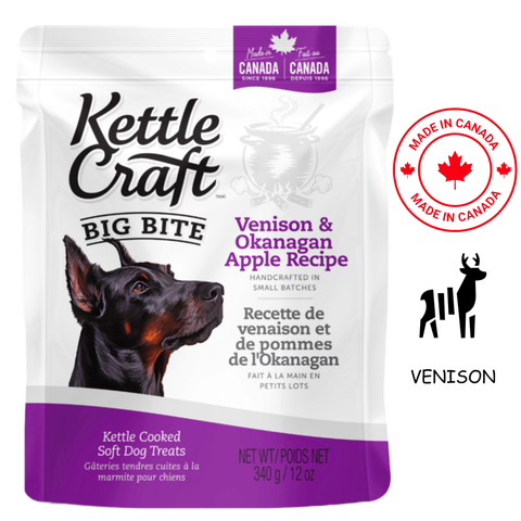 Kettle Craft venison apple dog treats soft cooked venison and Okanagan apple recipe in 12 oz bag