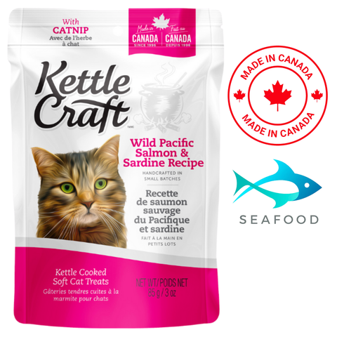 Kettle Craft wild Pacific salmon sardine cat treats soft cooked cat treats with catnip in resealable white and pink bag