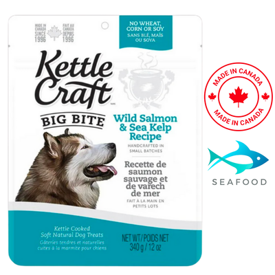Kettle craft wild salmon kelp dog treats pouch with husky image and no wheat corn or soy label