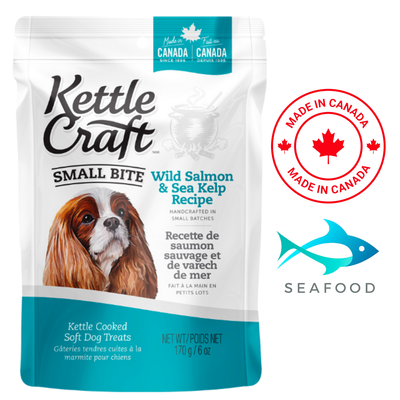 Kettle craft wild salmon kelp dog treats small bite size made in Canada 170g package