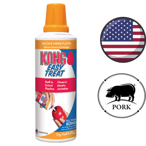 Kong Easy Treat bacon and cheese squeeze bottle being used to fill a red KONG toy dog treat stuffing for KONG toys