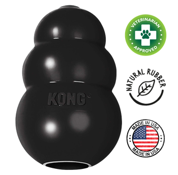KONG Extreme black dog toy made from durable natural rubber with veterinarian approval and US flag emblem