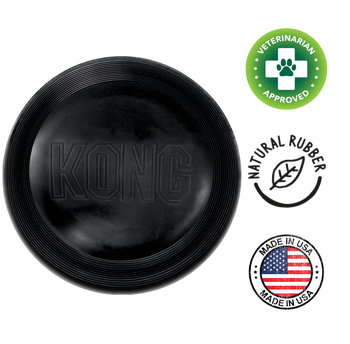 Black KONG Extreme Flyer dog toy made of natural rubber with veterinarian approval and USA flag