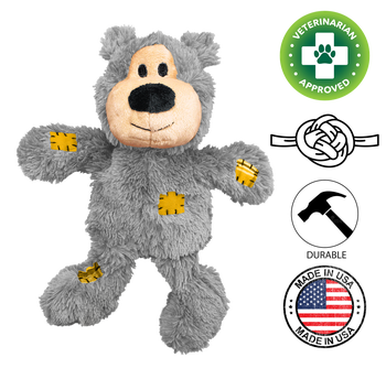 Kong wild knots bear dog toy plush with durable patches designed for tough chewers