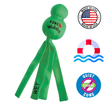 Green Kong Wubba dog toy with multiple tails designed for interactive play and durability