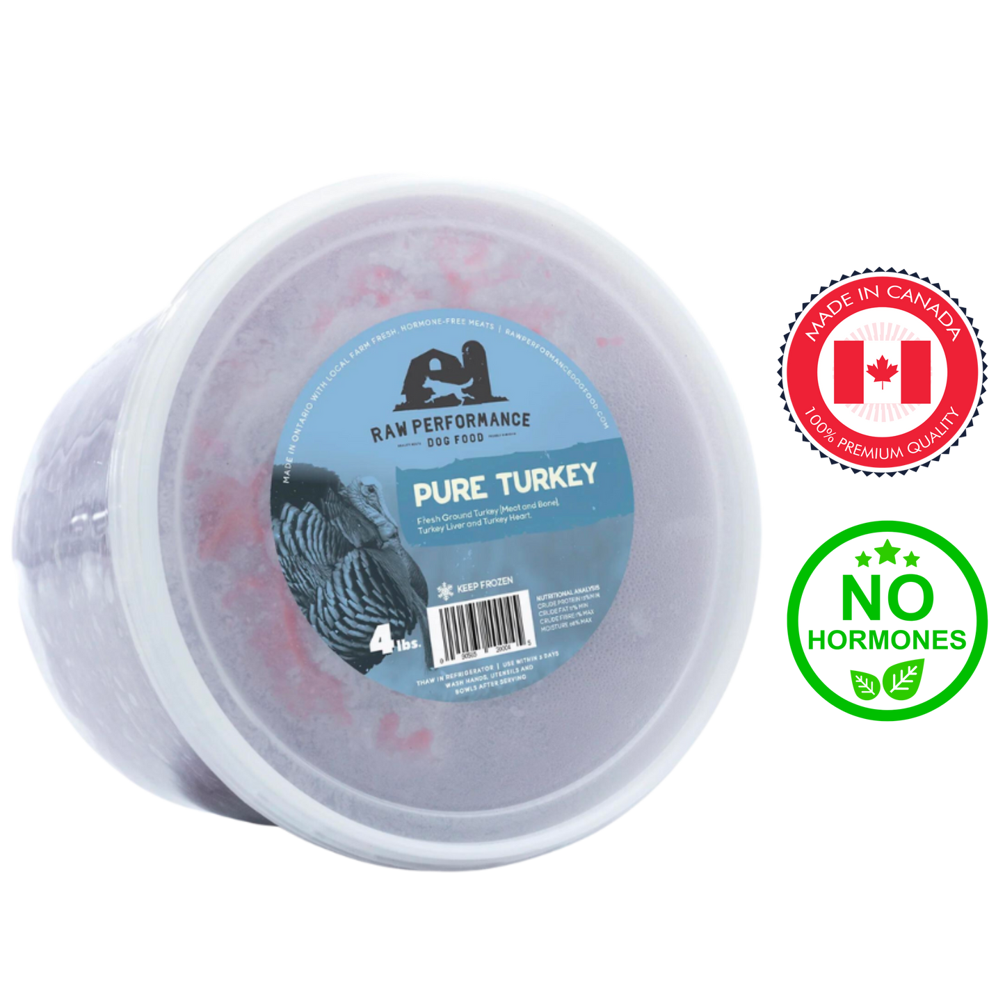 Shop Raw Performance Pure Turkey Raw Dog Food at Ashario Pets, offering sizes of 1 lb, 2 lb, and 4 lb. Formulated with pure turkey meat, it ensures a balanced diet and delicious taste for your pet's daily meals.