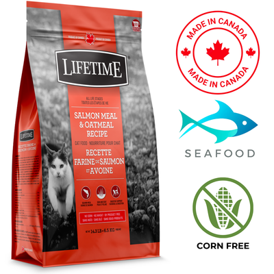 Lifetime all stages salmon oatmeal cat food dry kibble bag with seafood and corn free icons