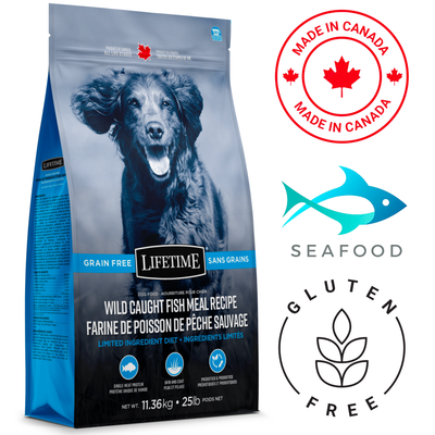 Lifetime Fish Dog Food in a 25 lb bag with grain-free formula and made in Canada for healthy dogs