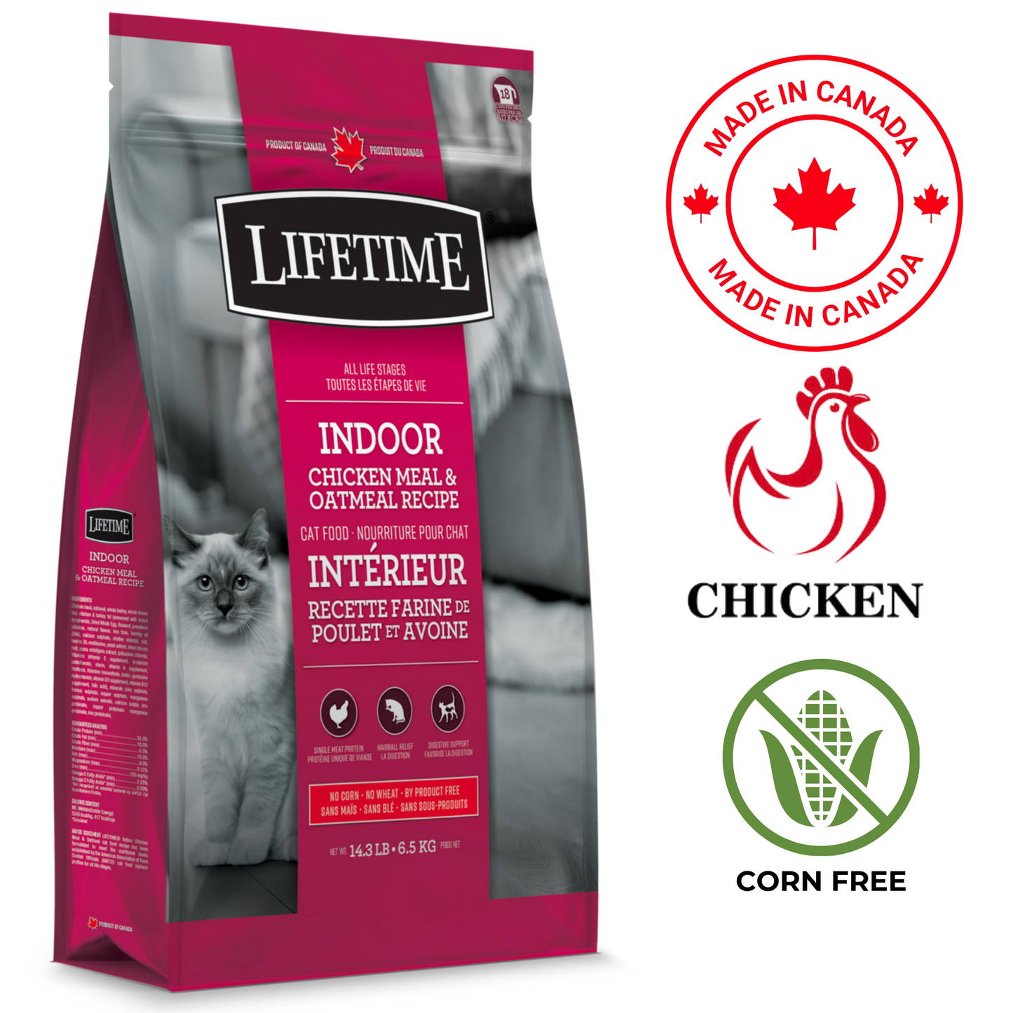 Lifetime indoor cat food chicken oatmeal dry cat food bag with chicken and corn free labels