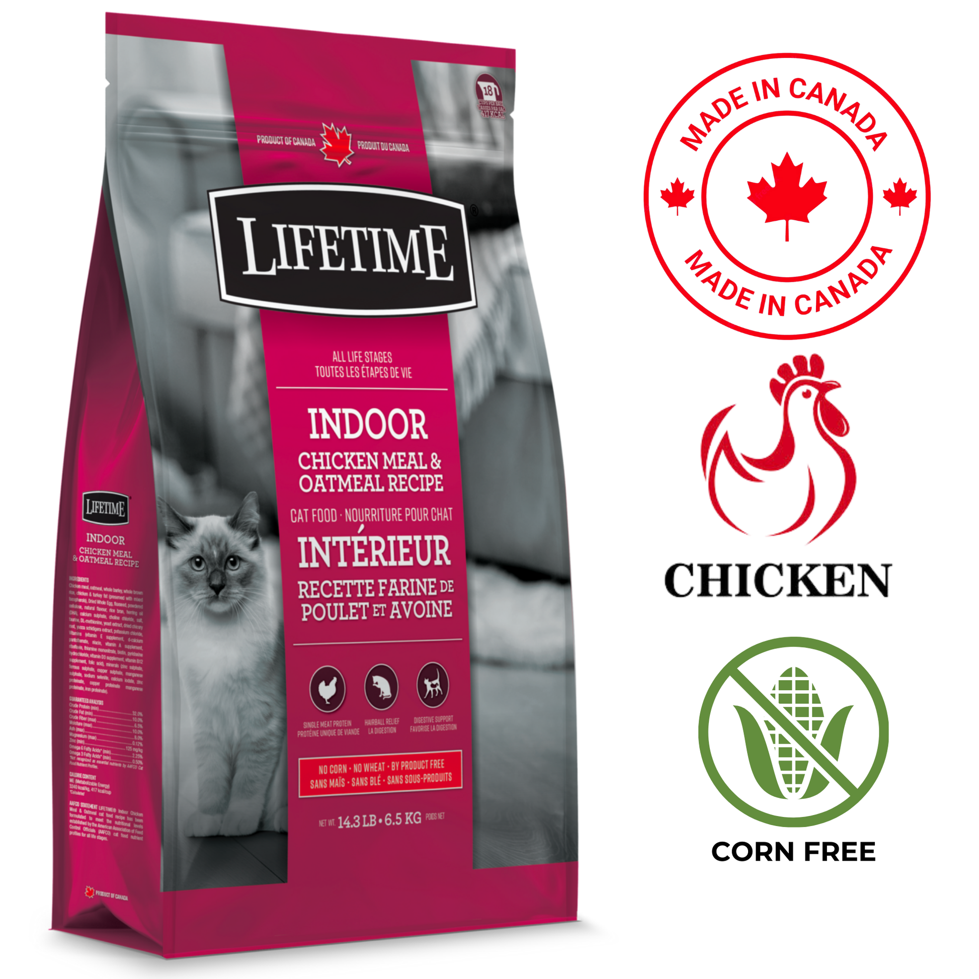 Lifetime indoor cat food chicken oatmeal dry cat food bag with chicken and corn free labels